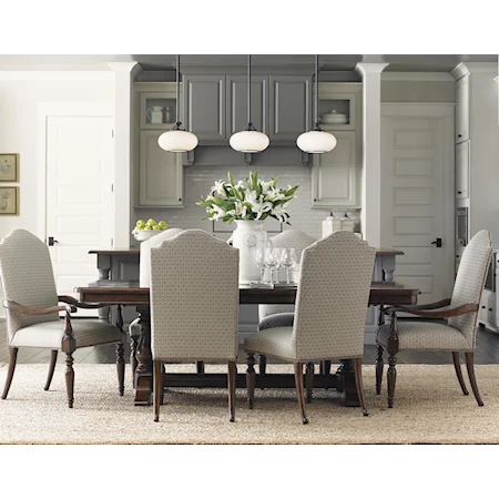 Seven Piece Dining Set with Trestle Table and Upholstered Chairs